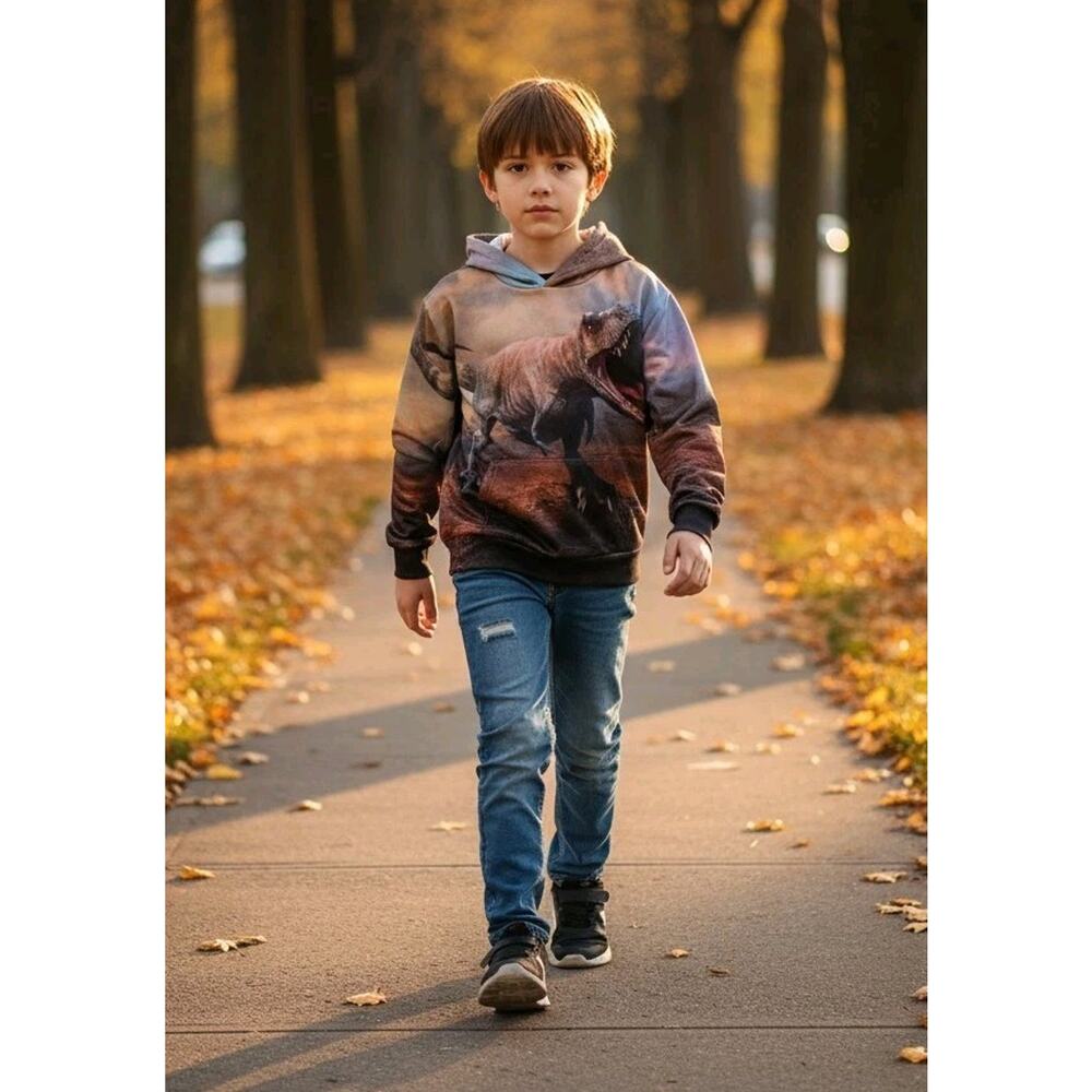 Boy's T REX Dinosaur Hoodie With Pockets Sweatshirt Back Front Print Size 8-10